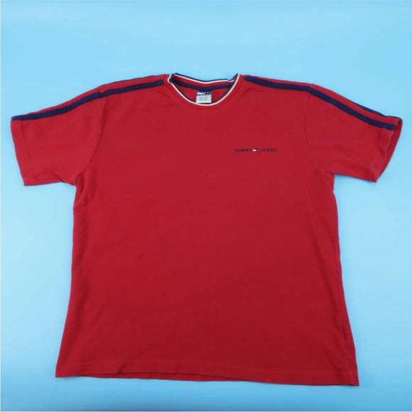 Vintage 90s Tommy Jeans Shirt Mens Red Casual Short Sleeve Size XL - Picture 1 of 4
